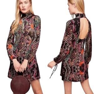 Free People All Dolled Up Open Back Long Sleeve Floral Paisley Mini Dress Large